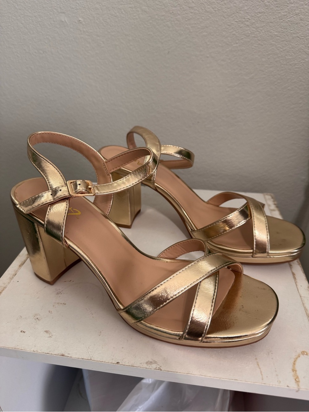 Gold Block Heel Sandals - Women's Strappy Dress Heels